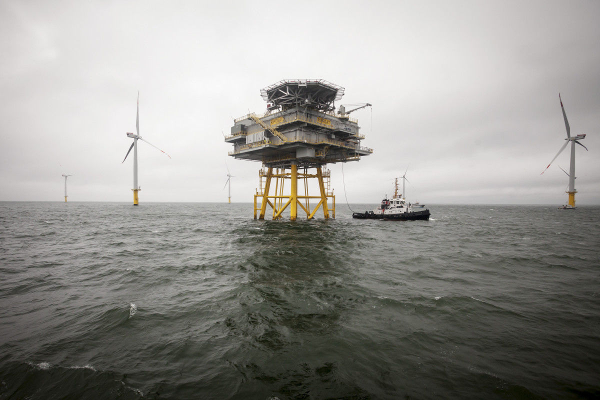 This electricity substation, complete with transformers and underwater transmission lines to the mainland, sits amid a wind farm in the North Sea off the coast of Germany. Government planners and political leaders in Germany have discovered that rapidly expanding the use of renewable resources for electricity production takes more time and costs more money than expected.